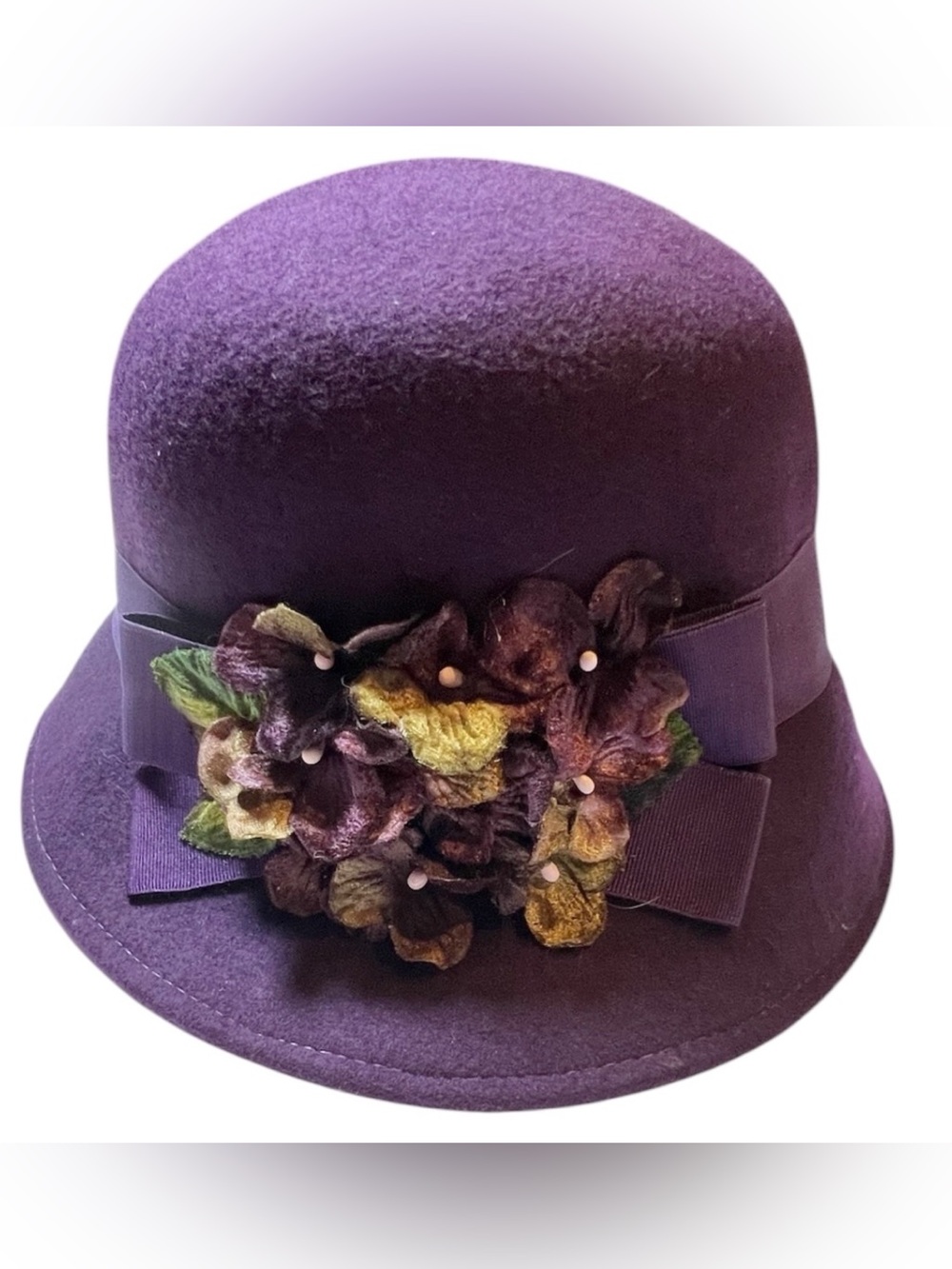 Toucan Collection purple felted wool with purple floral detail cloche hat -OS
